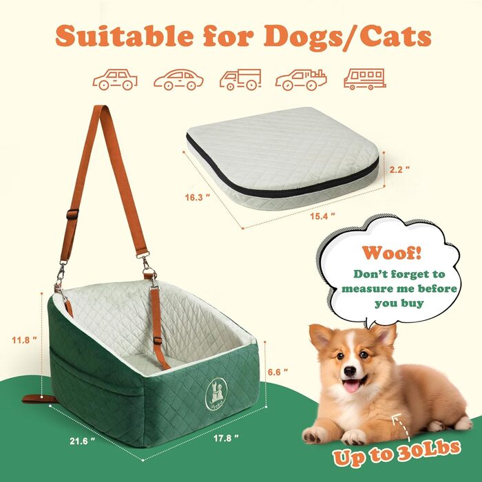 Автокрісло для собак iPetba - Зелене, для маленьких порід, з захистом від зіткнень, антиковзаюче, знімне та миється