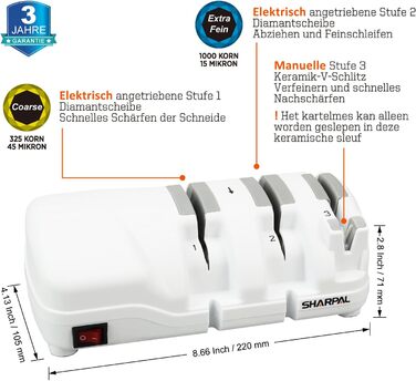 Електрична точилка для ножів SHARPAL 198H, 2-ступенева алмазна система (зерно 325/1000) з керамічним слотом для двосторонніх і хвилястих лез, швидке заточування до бритвеної гостроти