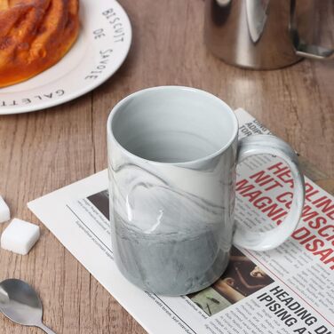 Smilatte Unique Coffee Cups, M068, Marble-Ceramic Cup with Large Handle, for Home and Office, Microwave-Safe, Set of 4, Gray