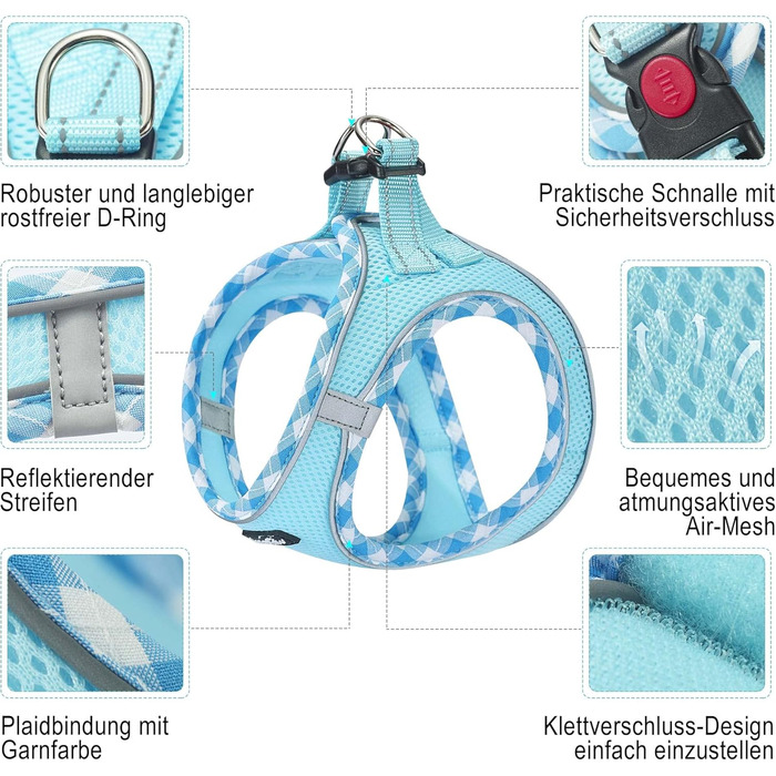 Нашийник та поводок для собак Haapaw, без натягу, регульований, світловідбиваючий, Step-in, для цуценят та маленьких собак, з м'якою підкладкою, блакитний, розмір M (обхват грудей 38.1-45.7 см, вага 4.5-6.8 кг)