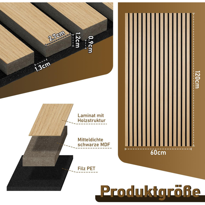 Акустичні настінні панелі з дерева та фетру 120x60 см, звукопоглинаюча обробка стін з шпоном дуба, набір 2 шт (1,44 м²), колір дуб