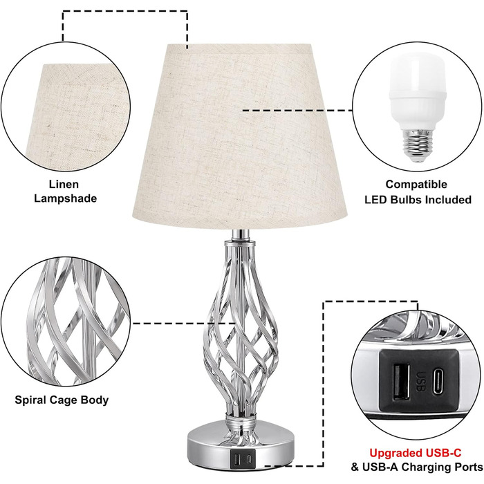 Настільна лампа Kakanuo 2 шт., торшер з торшером, регульоване торшером, USB-порт A+C, сірий абажур, 2 LED-лампи, сучасний дизайн для спальні, вітальні, офісу, декору (C-beige)