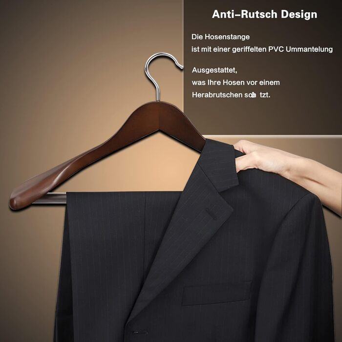 MECOREX Suit Hangers, 10-Piece Set, Solid Wood Clothes Hangers with Extra Wide Shoulders, Non-Slip, for Shirts, Coats, Jackets, Pants, Suits, 360° Swivel Hook (Dark Walnut Color)