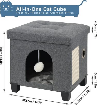 BRIAN & DANY Foldable Cat Cave - Large Cats, Cat House Cave for Cats with Scratch Board and Play Ball, Storage Bench Seat Stool Footstool with Wooden Feet, 37.5 x 32.5 x 36 cm, Grey