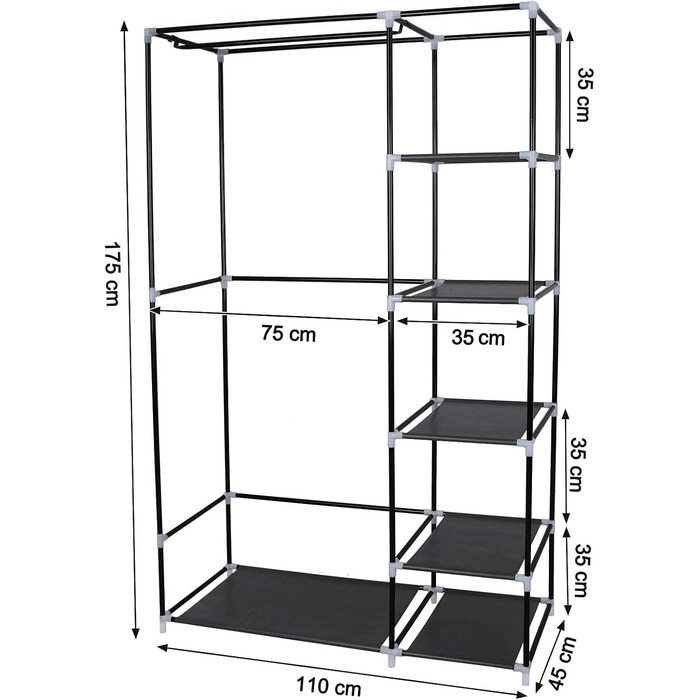 SONGMICS Fabric Wardrobe, XL, Clothes Closet, Folding Wardrobe, Camping Closet with Clothes Rail, 110 x 175 x 45 cm, Black, LSF007