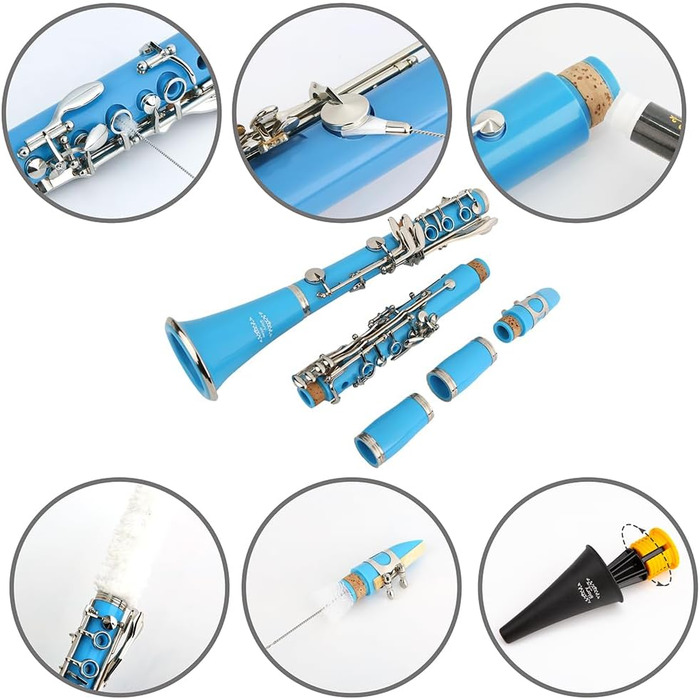 Кларнет Glory GLY-CLAGN професійний ебонітовий Bb з аксесуарами (10 вставок, стійка, кейс, щітки) - зелений (світло-блакитний/сріблястий)