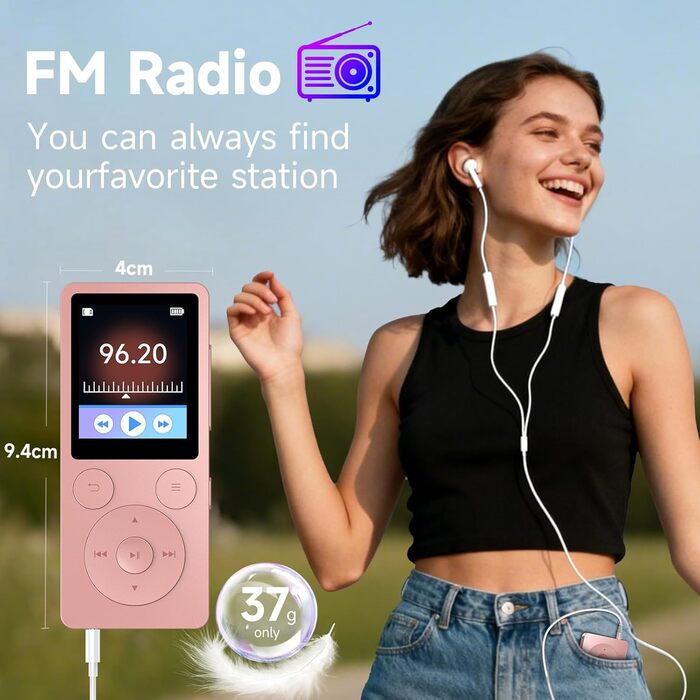 MP3 плеєр 32GB з Bluetooth 5.3 та вбудованим динаміком, FM-радіо, диктофон, HiFi-звук, розширювач пам'яті до 128GB, рожевий