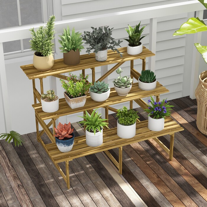Outsunny Plant Ladder Flower Shelf 3-Tier Fir Wood 120x80x78cm for Garden Balcony & Terrace