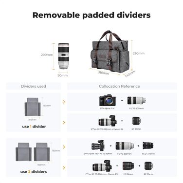 Сумка для камери K&F Concept, фотосумка для DSLR/SLR, сумка для фотографа з відділеннями для об'єктивів та аксесуарів, сіра