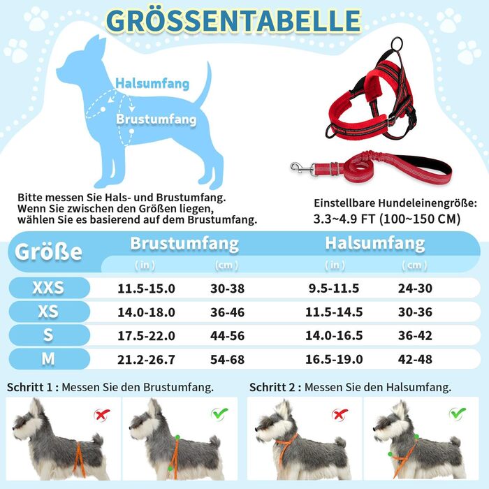 Нашийник для собак середнього та малого розміру з повідком, м'який, не тягне, з 2 кліпсами для повідка, легкий, світловідбиваючий, регульований (Червоний, XS)