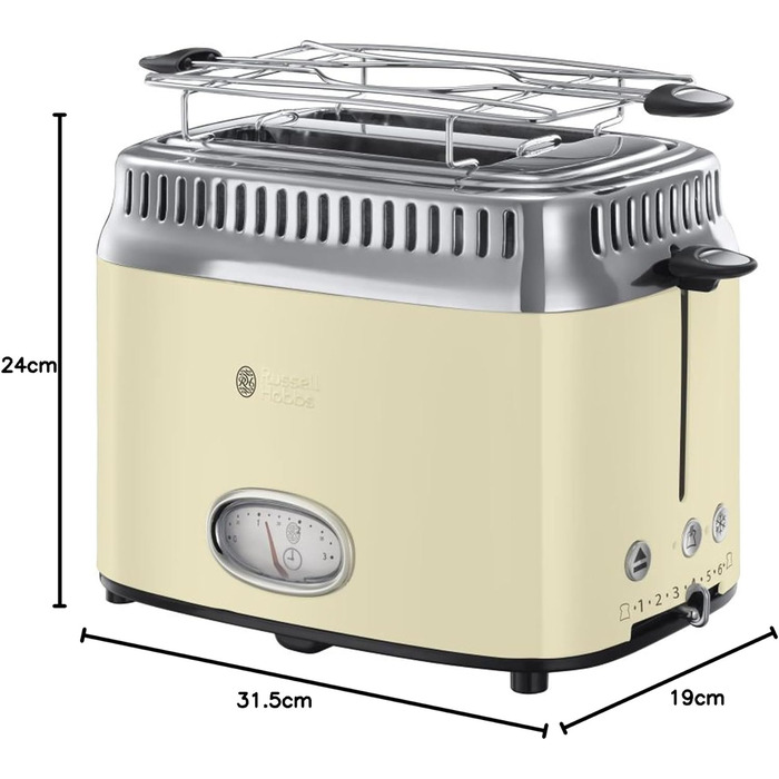 Russell Hobbs Toaster [for 2 slices] Retro Stainless Steel Cream (Retro-style countdown display, includes bun warmer, 6 browning levels + defrost & reheat function, 1300W) Vintage 21682-56