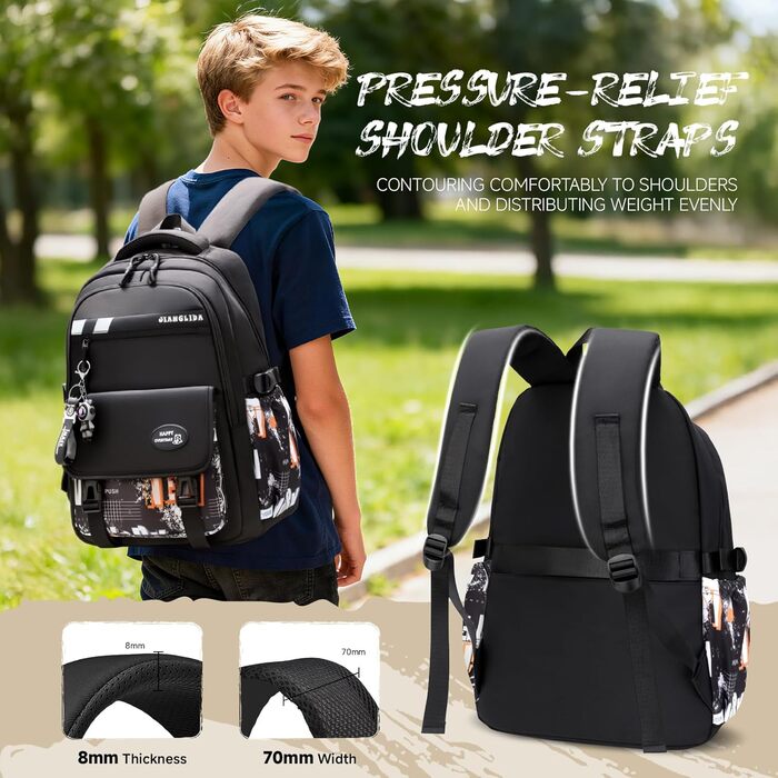 Шкільний рюкзак Tanou для хлопців-підлітків, принт графіті, водонепроникний, для школи, гімназії, старшої школи (Чорний/Оранжевий)