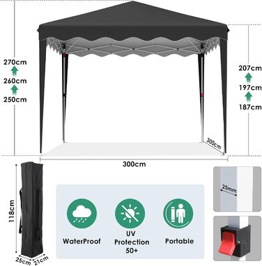 3x3 Gazebo, Waterproof Folding Gazebo Stable, Winter-Proof, UV Protection 50+, 3x3 Folding Gazebo with 4 Side Panels, Adjustable Height Garden Gazebo, Foldable Pavilion Tent for Camping, Parties (Black)