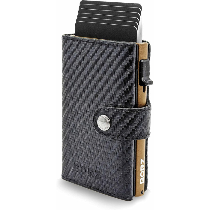 MAXUS MAGNETIC 2: Тонкий шкіряний гаманець з відділенням для монет та AirTag, RFID захистом, для карток та грошей (Carbon Leather - Gold Case)