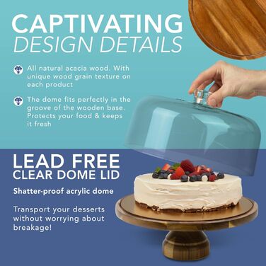 Підставка для тортів HEFTMAN 25,4 см з куполоподібним кришкою – 2-в-1 антиковзаюча підставка з акації з прозорою кришкою з акрилу для тортів, випічки, сирних дощок – ідеально для дня народження, весілля, святкування