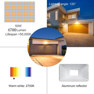 CLY LED Floodlight with Motion Sensor Outdoor 50W 4700LM Super Bright 2700K Warm White LED Floodlight IP66 Waterproof Outdoor Spotlight Adjustable Brightness Spotlight for Garden Garage Yard Backyard