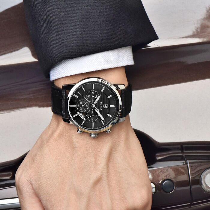 Годинник чоловічий Benyar кварцовий з хронографом, водостійкий, з нержавіючої сталі, чорний шкіряний ремінець, для бізнесу, спорту та відпочинку