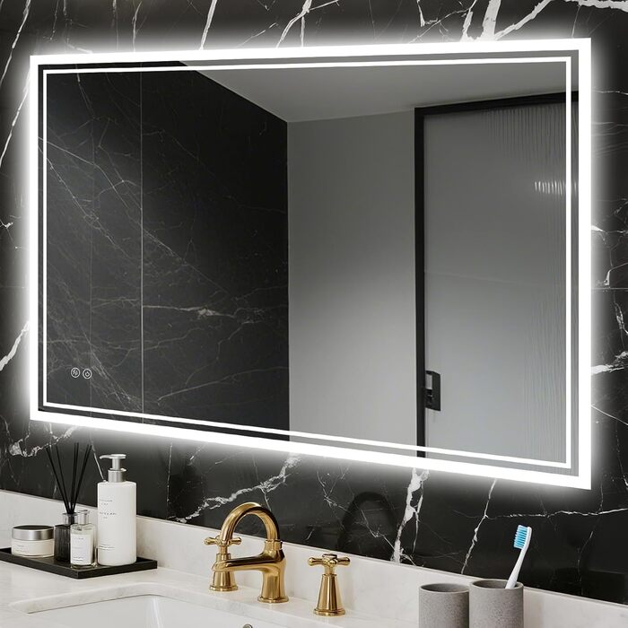 LED дзеркало для ванної кімнати з підсвічуванням 60 x 80 см – антизапар, 3 кольори, регулювання яскравості, подвійний сенсорний вимикач, функція збереження налаштувань при відключенні електроенергії, монтаж горизонтально/вертикально, квадратна форма.