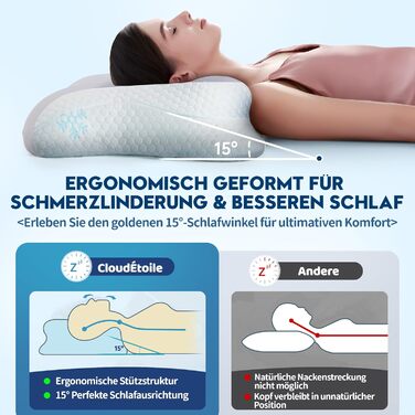 Ортопедична подушка CloudÉtoile з Memory Foam - 2-в-1. Ергономічна подушка для сну на боці, спині та животі. Підтримка шиї. Білий колір (64x38x12 см, сірий)