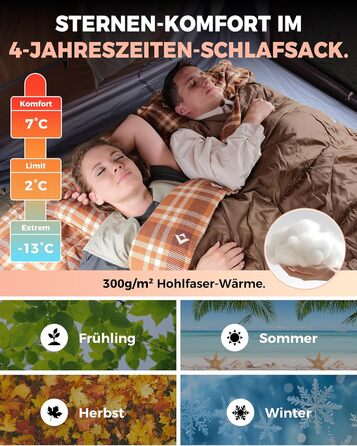 Спальний мішок KingCamp для 2 осіб з фланелі, зимовий, теплий, 3-4 сезони, з 2 подушками, для кемпінгу, подорожей та активного відпочинку на природі