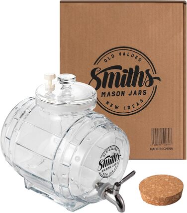 Smiths Mason Jars 5L Refrigerator Water Dispenser with Steel Tap and Glass Lid - Easy pouring with metal tap and space-saving design - ideal for infused waters and juices