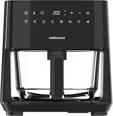Фритюрниця без олії MELLERWARE 1450W з скляним контейнером 4.5L, 9 програм, сенсорний дисплей, 80–200°C, таймер 60 хв, для миття в посудомийній машині