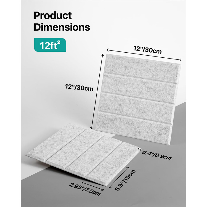 Акустичні панелі Soundsbay самоклеючі для шумоізоляції, поліестер, 30×30×0.9 см, світло-сірі (12 шт) — звукопоглинаючі плити для стін