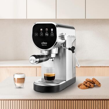 Ufesa Sienna Espresso Machine and Cappuccino Portafilter Machine with Milk Frother, 20 Bar Pressure, Digital Touch Panel, 1360W, for Ground Coffee or ESE Pads, 0.9L Water Tank, Silver