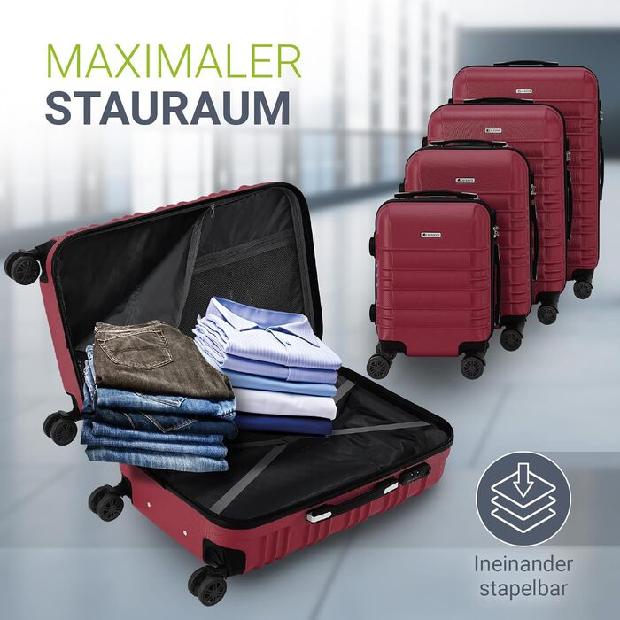 Набір валіз Juskys® Hartschale 4 шт. з кодовим замком, тихі колеса 360°, телескопічна ручка, легкі - червоний колір