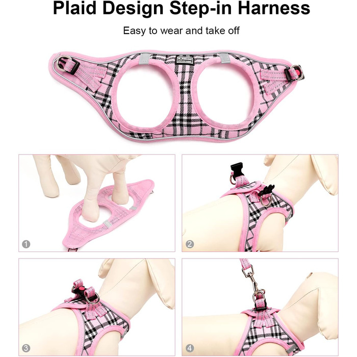 Шлейка для собак Suredoo для маленьких та середніх порід, антинатяжна, дихаюча, з повідком (рожевий в клітинку)