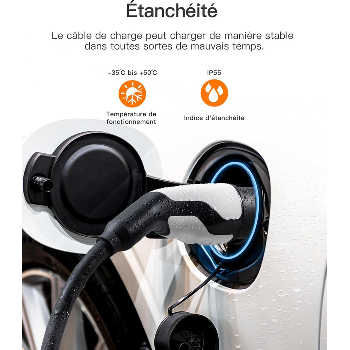 Кабель зарядки Tomons для електромобілів, 32A, 3-фазний, Тип 2, з чохлом та мікрофіброю, сумісний з Tesla Model S/3/X/Y, Volkswagen ID.3, ID.4 (22kW, 7м)