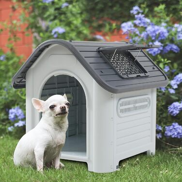 Будка для собак на вулицю Bello - вологостійка годівниця для собак з дахом та вентиляційними отворами, 87 x 72 x 75 см, пластикова, білий/сірий колір