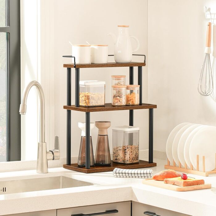 HOOBRO Spice Rack, Kitchen Shelf, 3-Tier Storage Shelf, Desk Organizer, for Kitchen Countertop, Desk, Study Room, Office, Vintage Brown EBF02TL01