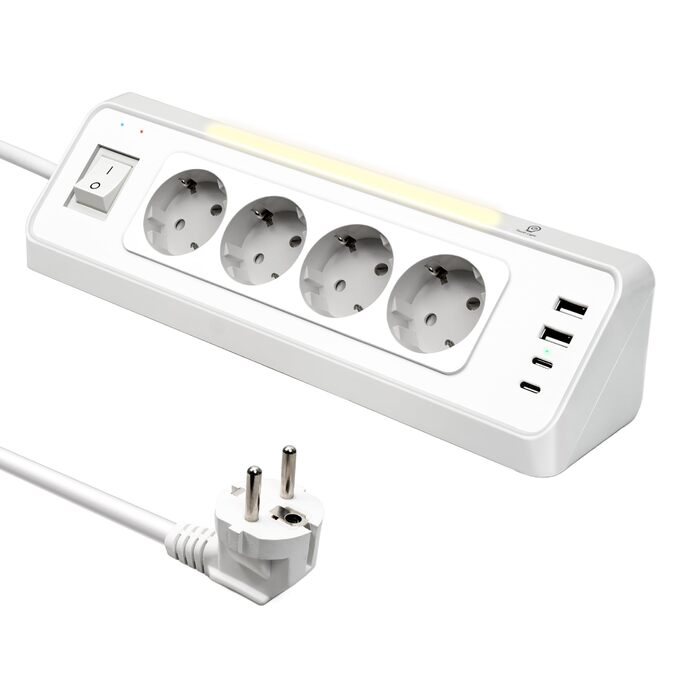 Кутова розетка для кухні Ecksteckdose, 4-портова з 2 USB та 2 Type-C, 3680W/16A з LED, захистом від перенапруги, економна для дому, офісу, кухні, настінний монтаж, кабель 2м білий, 4-портова