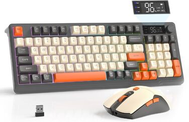 Бездротова клавіатура та миша FREEWOLF T96 з Bluetooth та 2.4G, PBT-клавіші, дисплеєм, тихими клавішами, Anti-Ghosting, QWERTY (Шиммер)