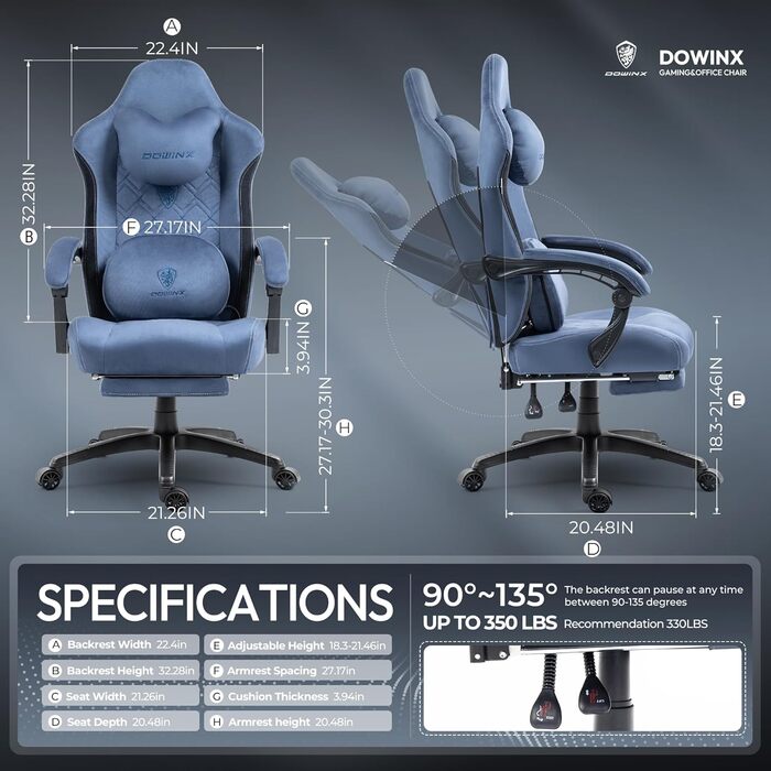 Ігрове крісло Dowinx з тканини, з підігрівом та масажною підтримкою попереку, з кишенею, пружинною подушкою та підніжкою, підвищеної міцності, для геймерів, навантаження до 150 кг, синє