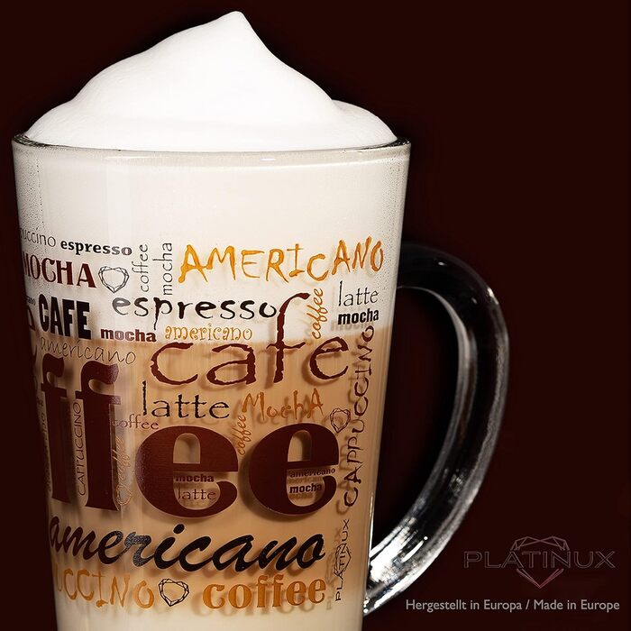 PLATINUX Coffee Glasses with Motif, max. 350ml, Set of 6, Glass Latte Macchiato Glasses with Handle, Cappuccino Glasses