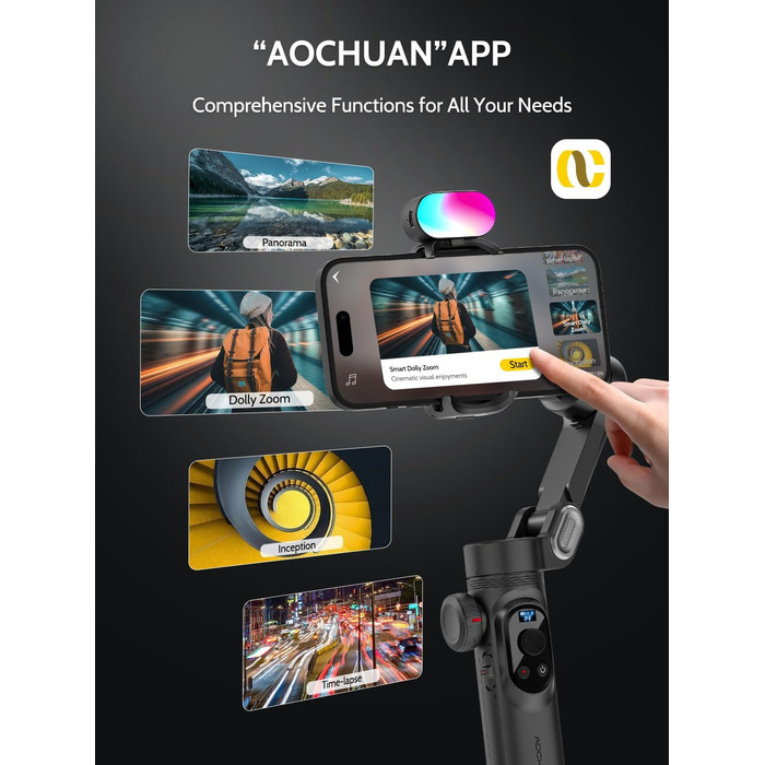 Стабілізатор для смартфона AOCHUAN Smart X Pro Kit: 3-осьовий гiмбал з RGB-фiллером, трекер обличчя, для iPhone/Android, чорний