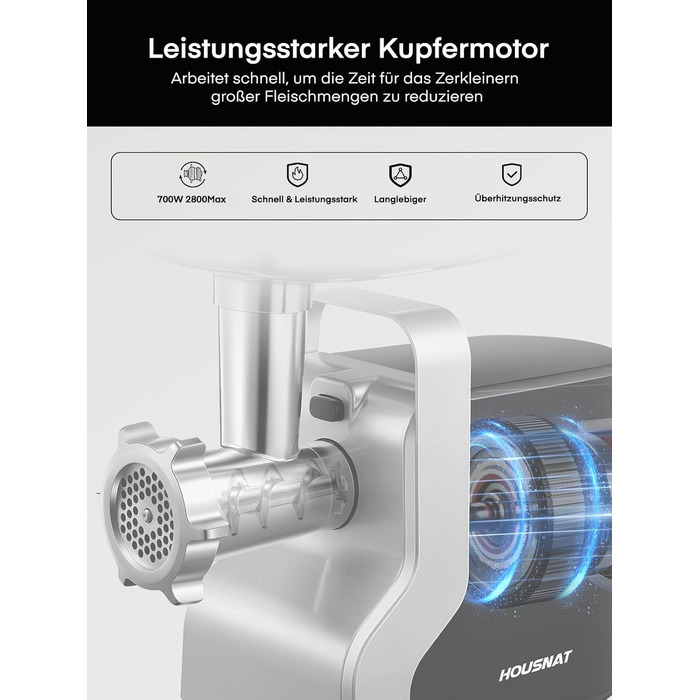 Electric Meat Grinder 5-in-1 - 700W Power, 2800W Max Blocking Capacity, Stainless Steel Grinding Plates (3, 5, 7mm), Sausage Maker, Kubbe Attachment, Black