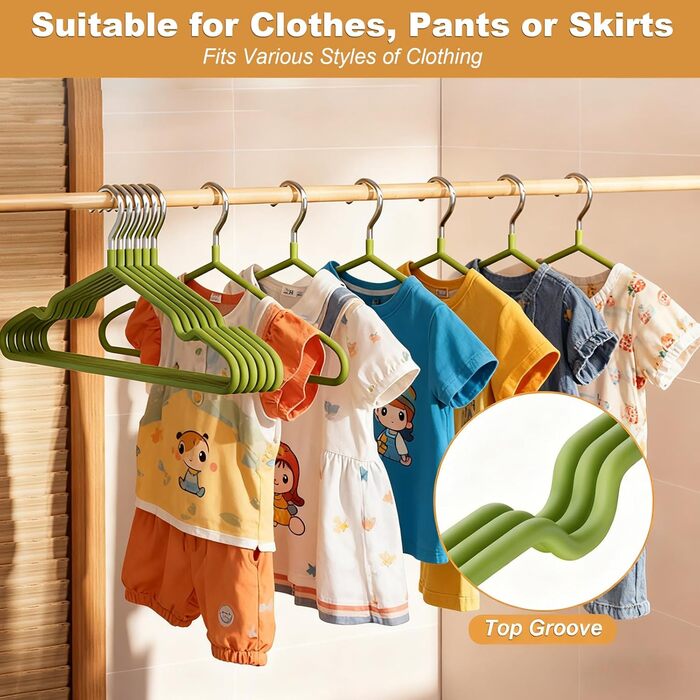 Набір вішалок для дитячого одягу 20 шт., 29 см – нержавіюча сталь, антикорозійні, водонепроникні та неслизькі, спеціально для дитячого одягу – кольори авокадо та помаранчевий