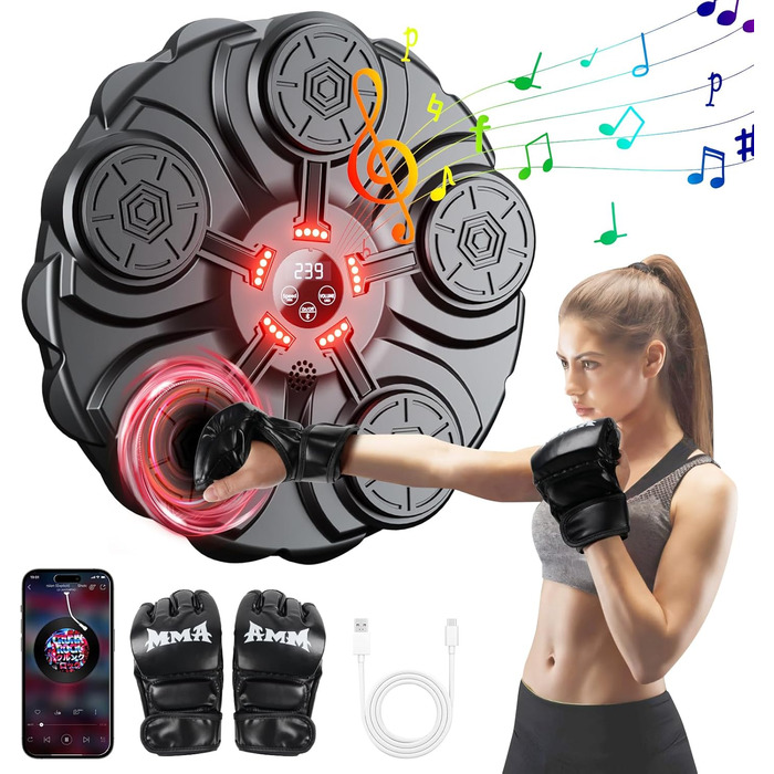 Adult Music Boxing Machine - LED Light Box Wall with Music Box, Boxing Gloves, Bluetooth Music Machine, 9 Adjustable Speeds for Kids