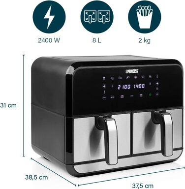 Princess Double Chamber Air Fryer with 2x4L Capacity – 62.2% Less Energy Consumption – Separate Temperatures for 2 Compartments – 8 Programs – 182074, 1700 Watts, 38.4 x 37.4 x 30.8 cm 2x4L Double Chamber Air Fryer Silver