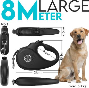 Extendable Dog Leash - 8m Retractable Leash for Small & Large Dogs - 50kg Weight Limit - Black