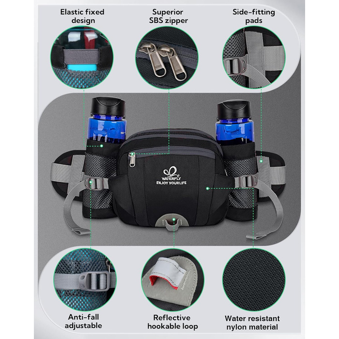 Водонепроникна поясна сумка Waterfly з тримачем для пляшки, регульованим ременем, кишенею для телефону, для туризму, подорожей, кемпінгу, чорна