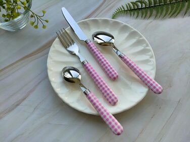 Набір столових приборів EXZACT з нержавіючої сталі, 24 штуки - ручки кольору гінгам - 6 виделок, 6 ножів, 6 ложок, 6 чайних ложок