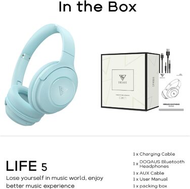 DOQAUS Бездротові Bluetooth навушники з мікрофоном, 70 годин роботи, Bluetooth 5.3, Over-Ear, 3 режими EQ, HiFi, складні, для (блакитний)