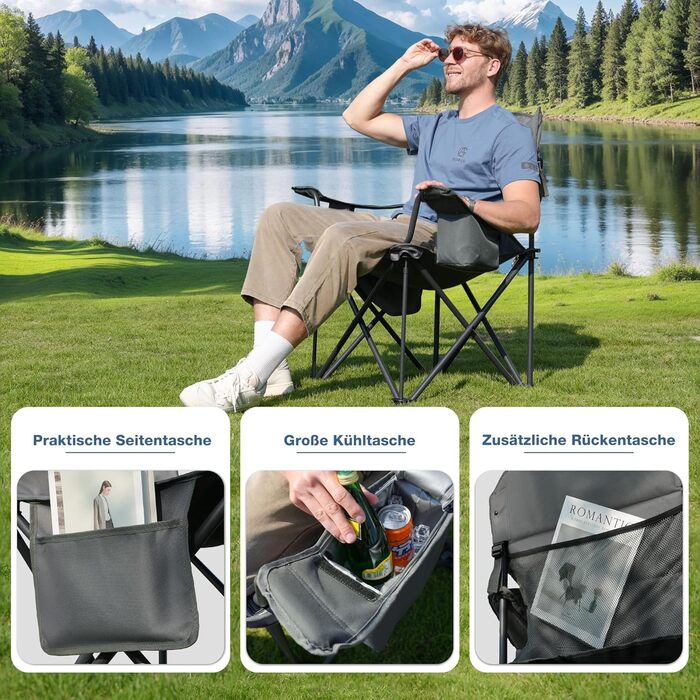 Розкладний стілець для кемпінгу RELAX FIELD 200KG з підстаканником та сумкою-холодильником, рибальський стілець, сірий (2 шт)