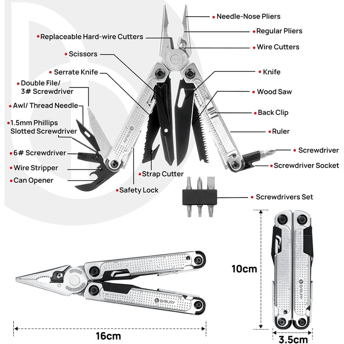 BIBURY Multitool Pliers, Stainless Steel Multi Tool with Improved Wire Cutter & Screw Driver, Folding Self-Locking Multitools with Nylon Pouch for Camping, Hiking, Survival, Gift for Men, Dad