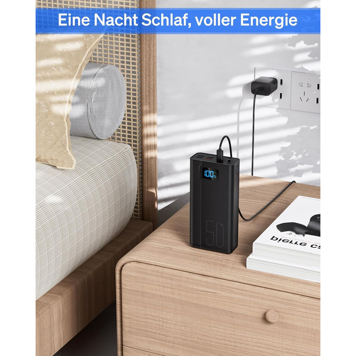 Power Bank 50000mAh 22.5W: Зовнішній акумулятор з великою ємністю, 5 USB виходів, 3 входи, чорний