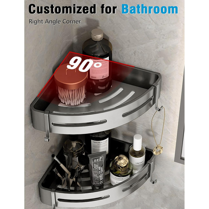GERUIKE Shower Shelf Shower Caddy Corner No Drilling Shower Basket Wall Mount Adhesive Pad Gray Matte Aluminum 2 Pack Shower Gel Shampoo Holder Corner Shelf Corner Rack for Shower Bathroom Kitchen